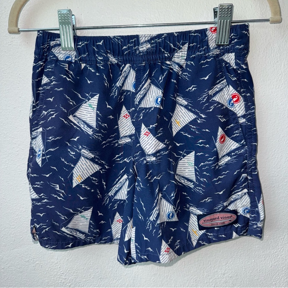 Vineyard Vines Boys' Printed Chappy Swim Trunks with a sailboat pattern